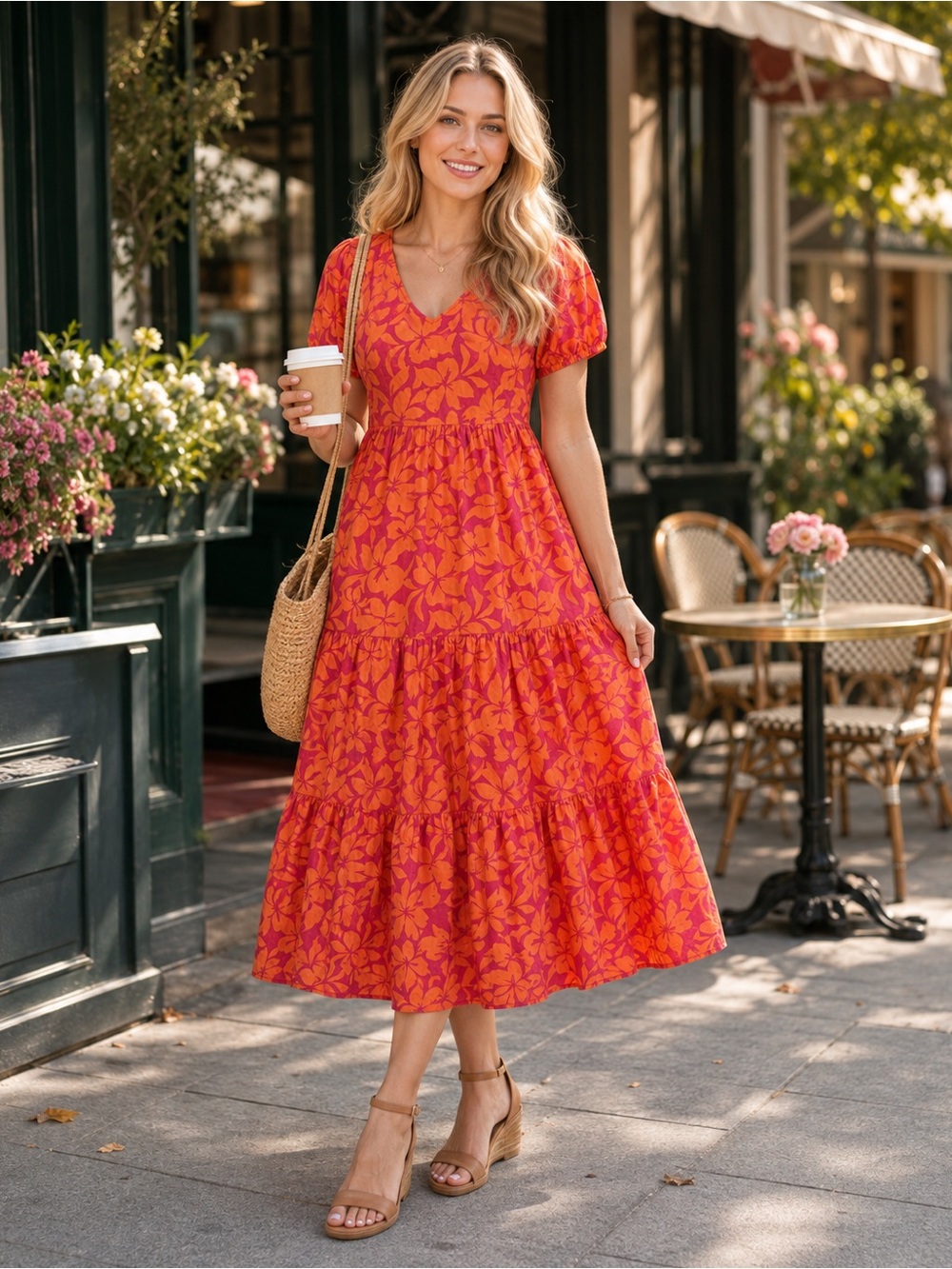 J. Crew V-Neck Tiered Floral Cotton Midi Dress in Orange and Pink Size 8